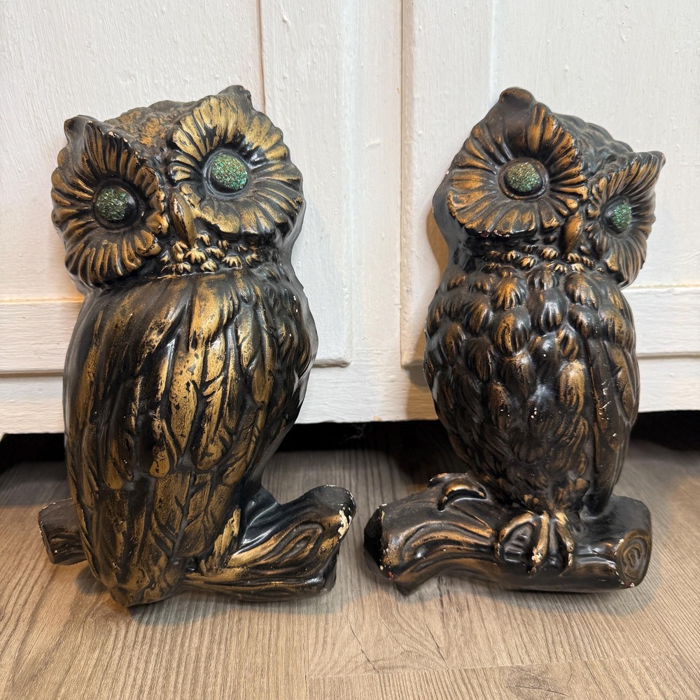 Pair of Vintage Chalkware Owls Black Gold Green Glitter Eyes Wall Plaque